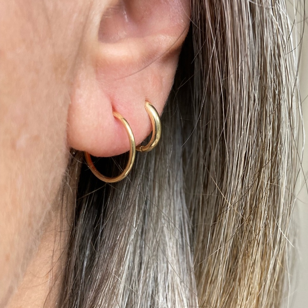 14k solid gold continuous hoops - 14mm x 1mm thick - front earrings in photo